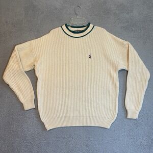 Nautica XL Cream Cotton Knit Sweater Green Trim Sailing Nautical Logo Pullover